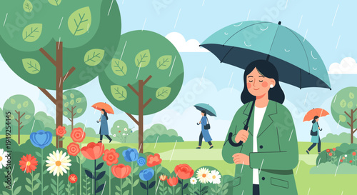 Woman holding umbrella in a park during rain.