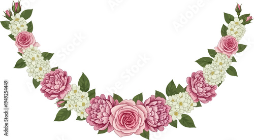 A beautiful floral wreath made of pink roses and white flowers on a plain white background