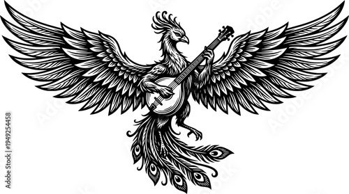 Engraved phoenix playing shamisen, mythical bird musician, artis
