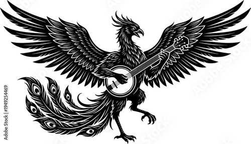 Engraved phoenix playing shamisen, mythical bird musician, artis
