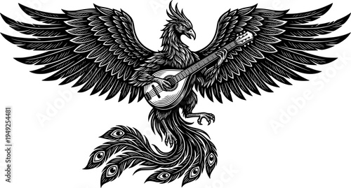 Engraved phoenix playing shamisen, mythical bird musician, artis
