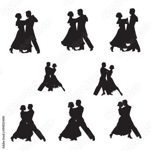 Vector illustration set of black silhouettes featuring a fashion model in a dress, a business person with a bag, and a wedding couple in a stylish walking pose