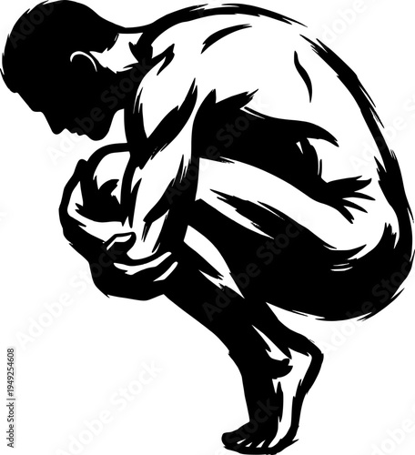 Minimalist sumi-e illustration of a man in fetal position with b
