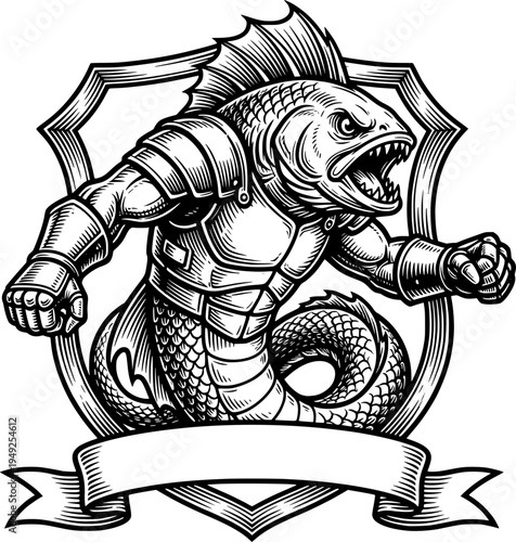 Intricate engraving of formidable fish monster with human muscle
