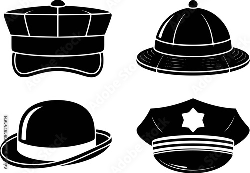 Collection of Black Silhouette Hats Including Police Cap Bowler Hat and Safari Hat