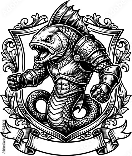 Intricate engraving of formidable fish monster with human muscle
