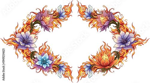 A vibrant floral wreath with colorful flowers and flames on a white background
