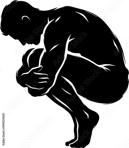 Minimalist sumi-e illustration of a man in fetal position with b
