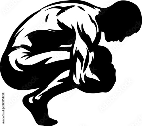 Minimalist sumi-e illustration of a man in fetal position with b
