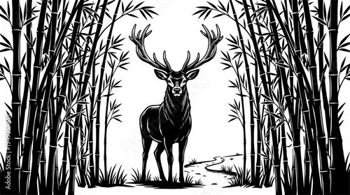 Woodcut Illustration of a Majestic Deer Amidst Bamboo Thicket La
