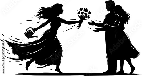 Sumi-e woman gifting blooms, illustrating generosity and connect
