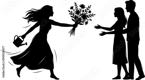 Sumi-e woman gifting blooms, illustrating generosity and connect
