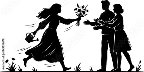 Sumi-e woman gifting blooms, illustrating generosity and connect
