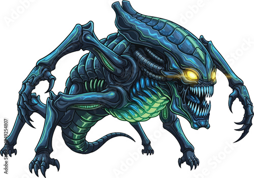 A menacing blue and green alien creature with sharp claws and teeth is depicted in a dynamic pose.
