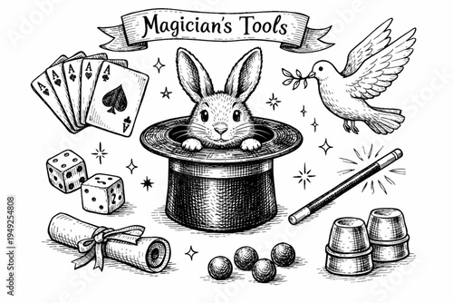 Hand Drawn Magician Tools Set with Hat Rabbit Wand Cards Dove and Dice Vector Illustration