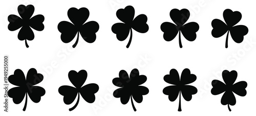 Shamrock Icon, St Patrick’s Day symbol, green clover icon sign, three and four leaf clover, lucky four leaf plant, shamrock clover leaf symbol, Irish holiday nature emblem.