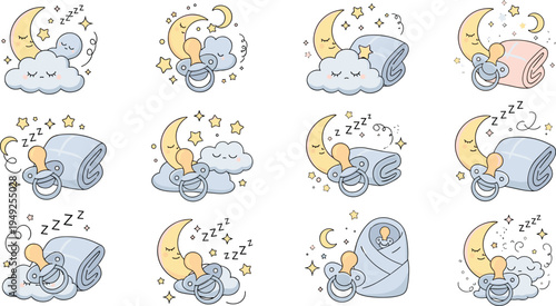 PrintCute Baby Sleep Night Elements Vector Illustration Set with Moon, Stars, Clouds, Blanket, Pacifier and Newborn Bedtime Theme
