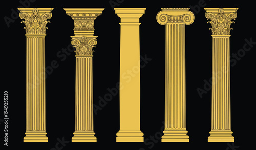 Ancient Greek Roman columns, gold architectural pillars, classic marble pedestals, antique stone portal flat vector illustration, luxury history elements