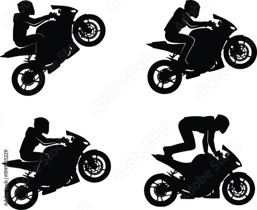 Dynamic Silhouettes of Motorcycle Riders Performing Stunts, Featuring Wheelies and Aggressive Poses for Extreme Sports and Speed Designs.