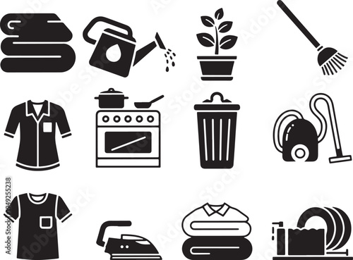 Household Chores Icon Set. Featuring Towels, Watering Can, Plant, Broom, Shirt, Stove, Trash Can, Vacuum Cleaner, T-shirt, Iron, Clothes, Dish Rack.