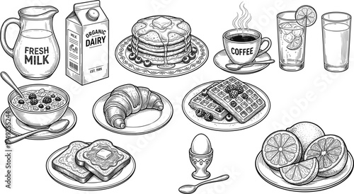 Breakfast food illustration collection featuring pancakes, coffee, cereal, eggs, waffles, fruit, croissant, toast, milk vector design