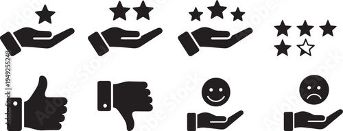 Rating Icon Set. Featuring Star Ratings, Thumbs Up, Thumbs Down, Smiley Face, Sad Face. Vector Illustration