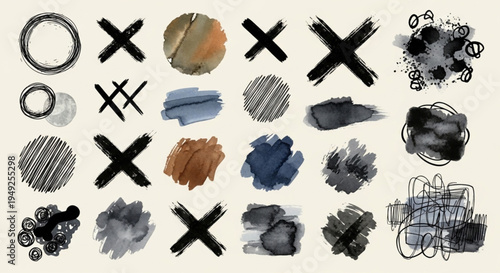 Hand Drawn Ink and Paint Brush Stroke Set with Grunge Texture Abstract Doodle Shapes Vector