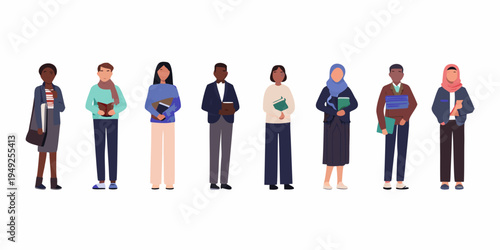 Diverse group of people standing together holding books and bags