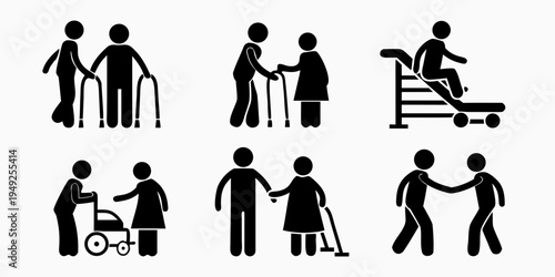 Diverse group of stick figures depicting people with disabilities and assistance