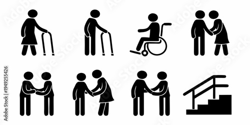 Accessibility symbols depicting people with disabilities and assistive devices