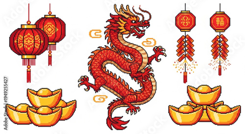 Red Pixel Art Icons for Chinese Lunar New Year with Dragon, Lanterns, Firecrackers, and Ingots