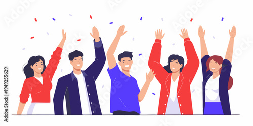 Diverse group of people celebrating with arms raised in joyful unity