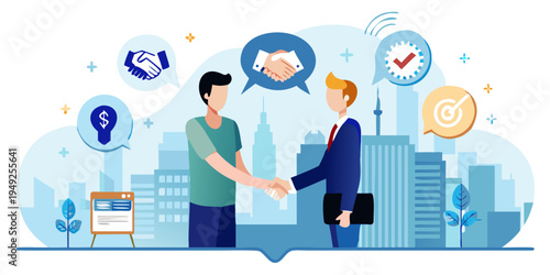 Business partnership illustrated with a handshake and modern city background