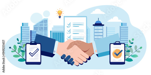 A successful deal is symbolized by a handshake and completed checklists