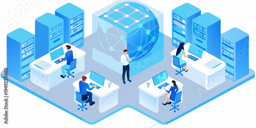 Data centers network connections and people working with technology