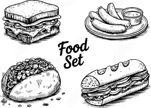 Hand drawn set of delicious sandwiches and sausages with dipping sauce food black