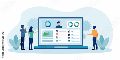 Team analyzing data and insights displayed on a large laptop screen