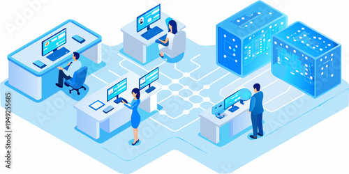 Isometric illustration of people working with computers and data servers