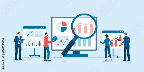 Team analyzing data and charts displayed on multiple computer screens