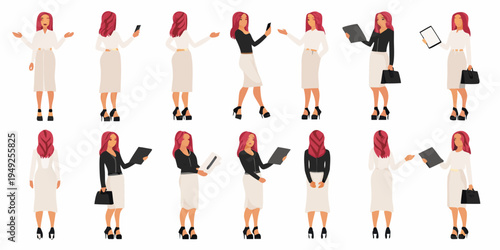 Diverse set of businesswomen in various poses with devices and bags