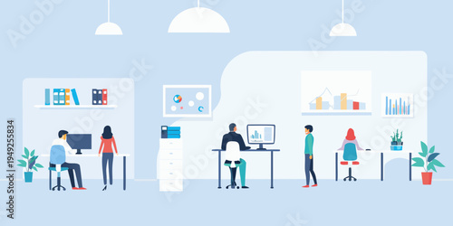 Modern office space with diverse employees collaborating and working at desks