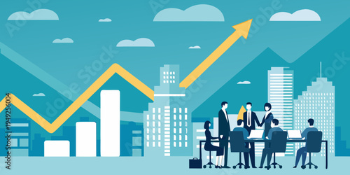 Business professionals discuss growth strategies amidst a cityscape and rising charts