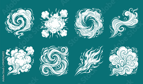 Swirling wind and smoke illustration collection featuring gusts, whirlwinds, clouds, flame-like patterns, dynamic motion vector design