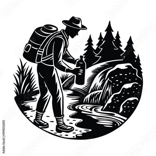 Vector illustration of a hiker filling water bottle by a stream in a forest