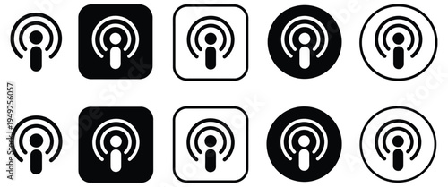 Podcast icon set with microphone broadcast symbol, audio streaming and broadcasting icons for radio show, digital podcast platform, sound recording studio and online media communication design.