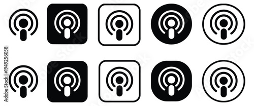 Podcast icon set featuring microphone broadcast symbol, audio streaming and broadcasting icons for digital media platforms, podcast production, online radio communication and sound streaming 