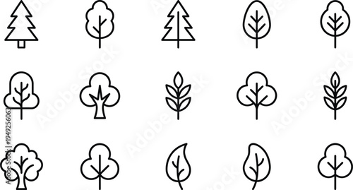 Tree and leaf icon illustration collection featuring coniferous, deciduous, foliage, branch details, nature botanical vector design set