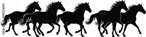 Black and white silhouette illustration of a herd of galloping horses, dynamic motion, horizontal running line, isolated on white background