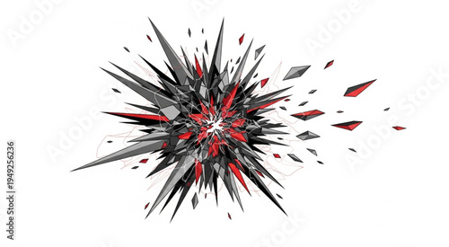 Abstract Explosion of Sharp Fragments with Red Accents on White.