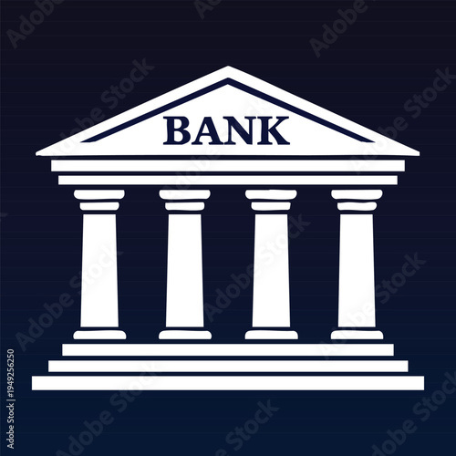 White Bank Building Icon on Dark Blue Gradient Background – Classic Financial Institution Symbol for Banking, Finance and Economic Services. This vector icon features a classic bank building.